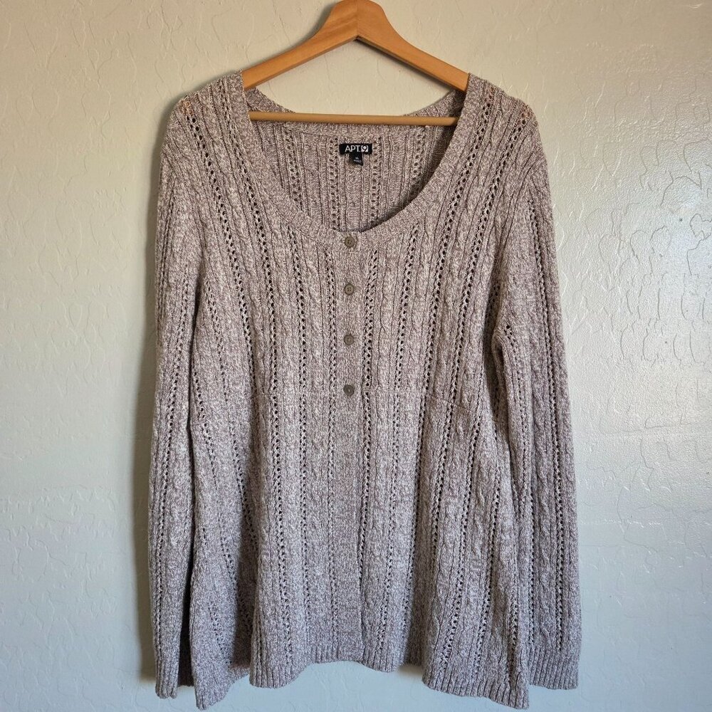 Apt.9 Cable Knit Scoop Neck Button Cardigan Sweater Tan Sz XL Cotton Blend Fall